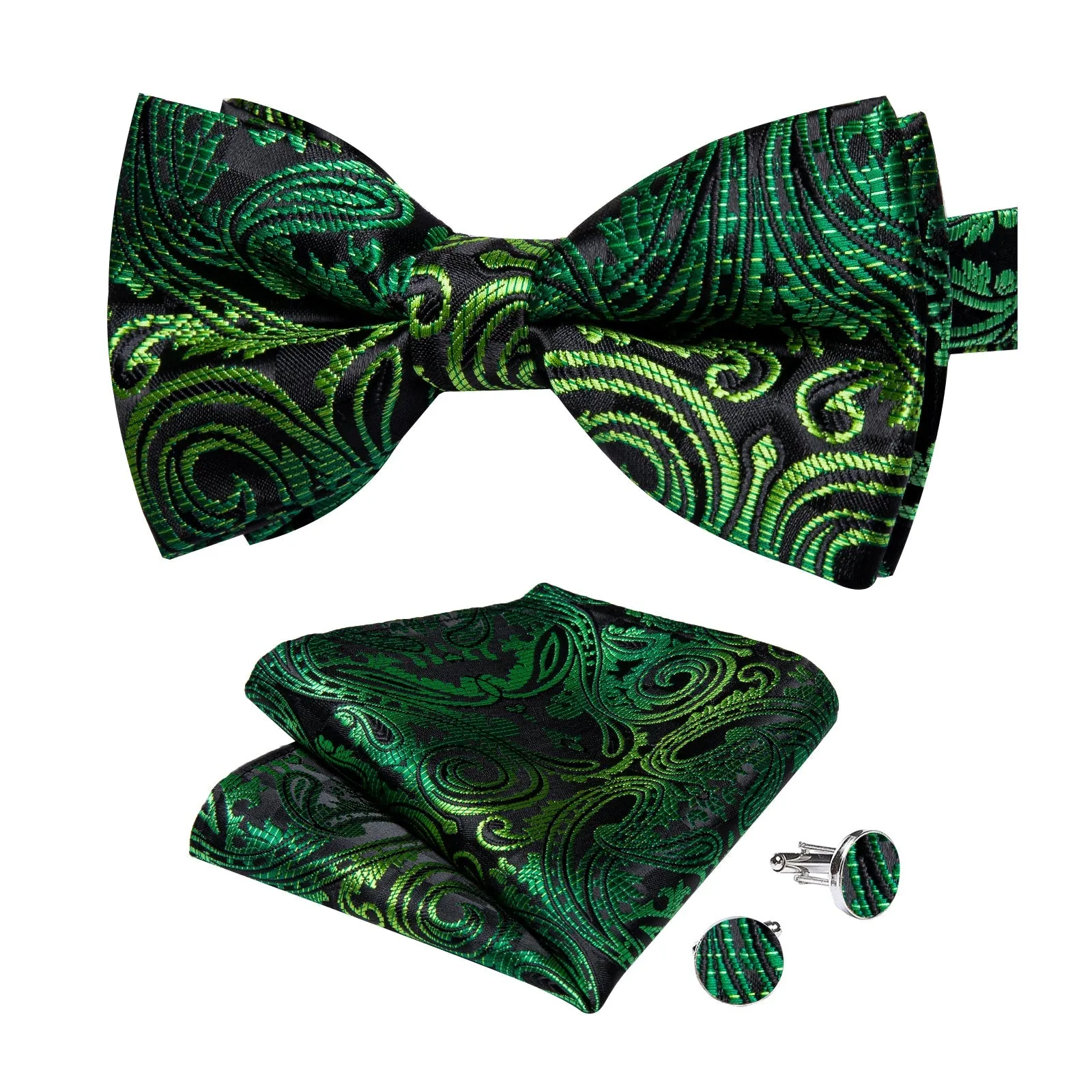 Black Golden Floral Silk Pre-tied Bow Tie Hanky Cufflinks Set sold by Ties2You product image thumbnail 4