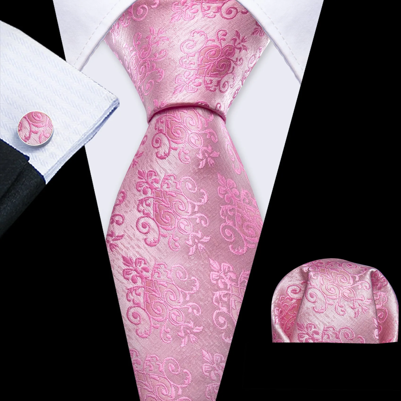Petal Pink Floral Men's Necktie Pocket Square Cufflinks Set sold by Ties2You