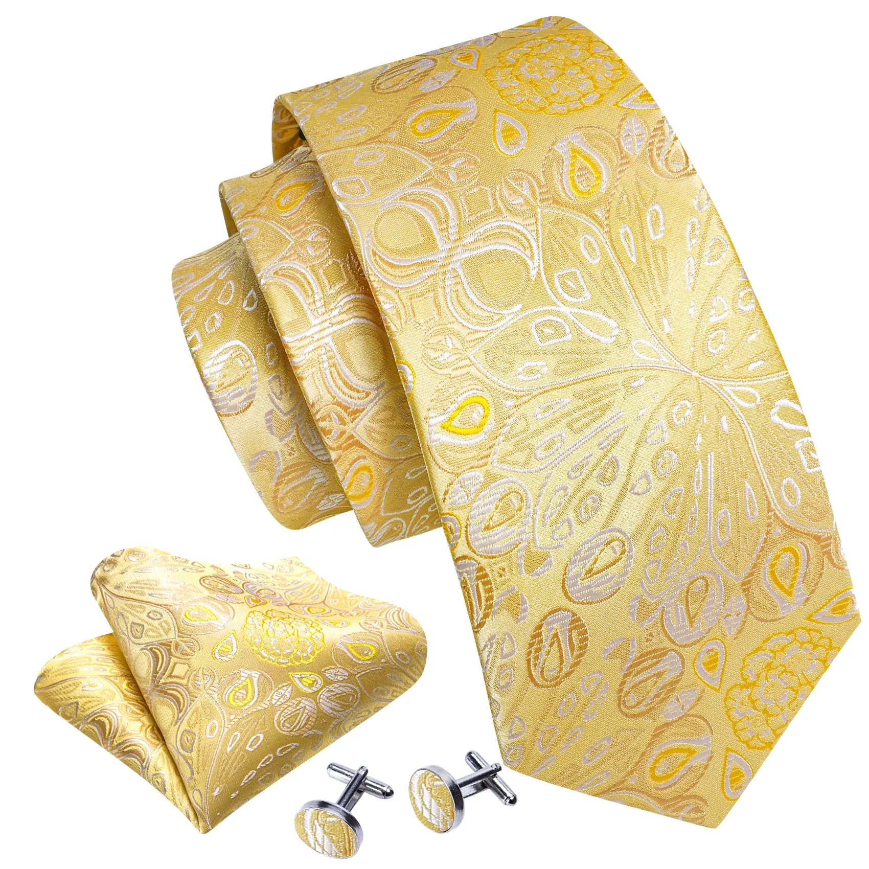 Yellow Floral Silk Men's Necktie Pocket Square Cufflinks Set sold by Ties2You product image thumbnail 2