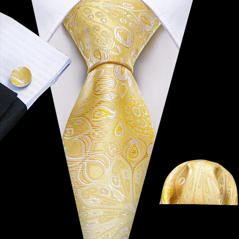 Yellow Floral Silk Men's Necktie Pocket Square Cufflinks Set sold by Ties2You