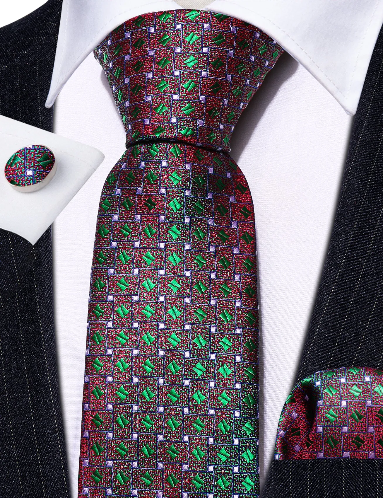 Red Green Novelty Silk Tie Pocket Square Cufflinks Set sold by Ties2You product image thumbnail 4
