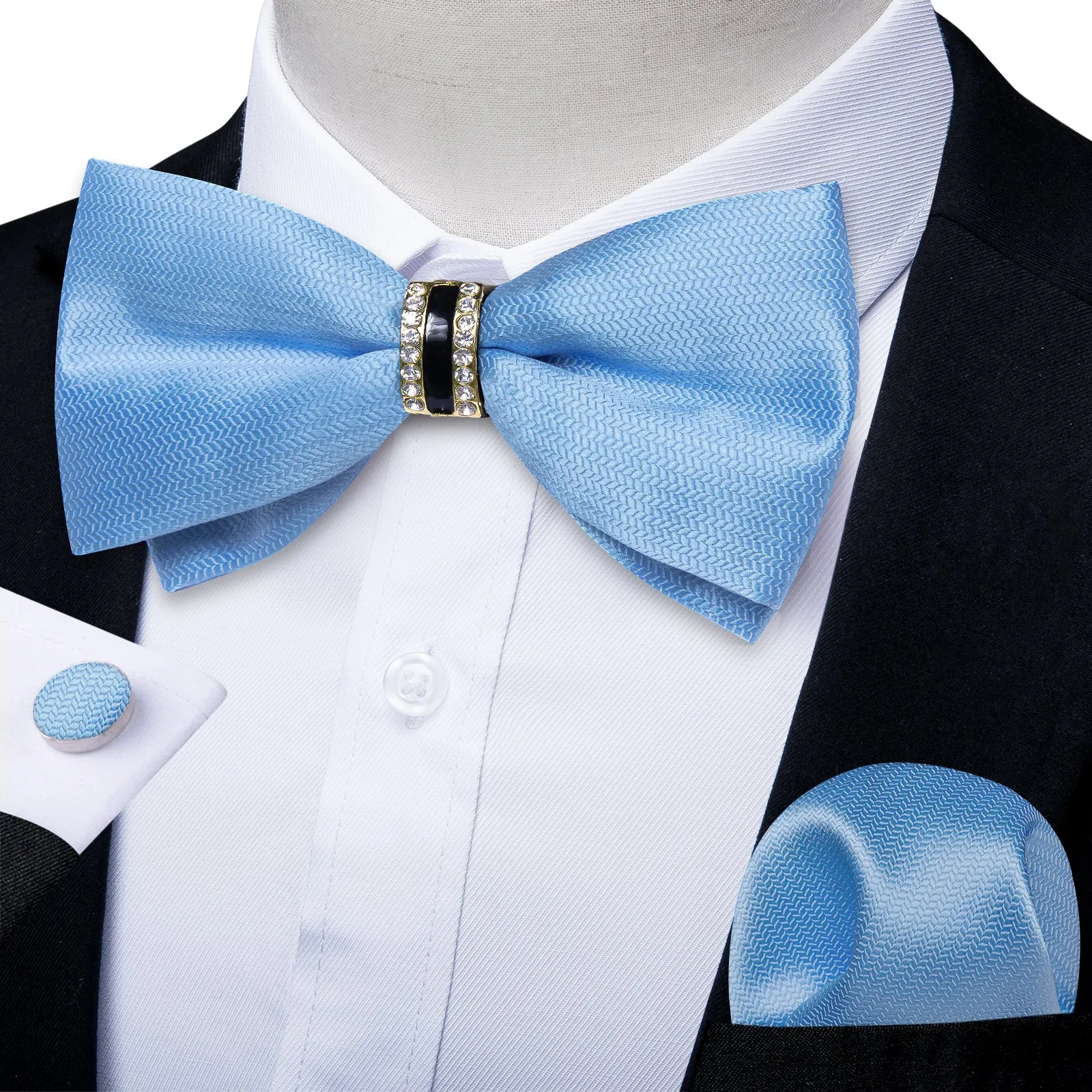 Ties2you Sky Blue Pre-tied Tuxedo Bowtie Solid Ring Bow Tie Hanky Cufflinks Set for Men sold by Ties2You