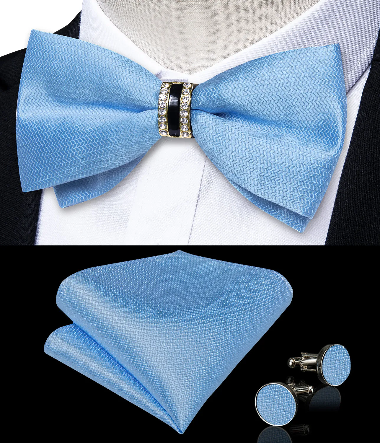 Ties2you Sky Blue Pre-tied Tuxedo Bowtie Solid Ring Bow Tie Hanky Cufflinks Set for Men sold by Ties2You product image thumbnail 2