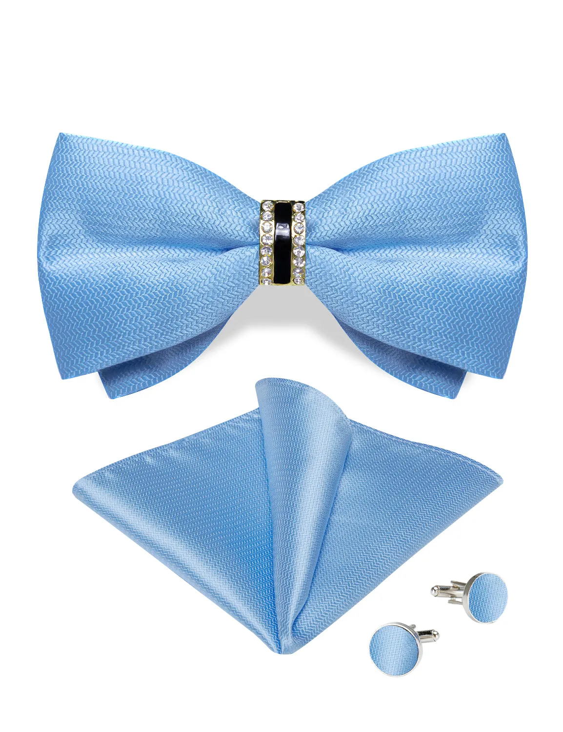 Ties2you Sky Blue Pre-tied Tuxedo Bowtie Solid Ring Bow Tie Hanky Cufflinks Set for Men sold by Ties2You product image thumbnail 3