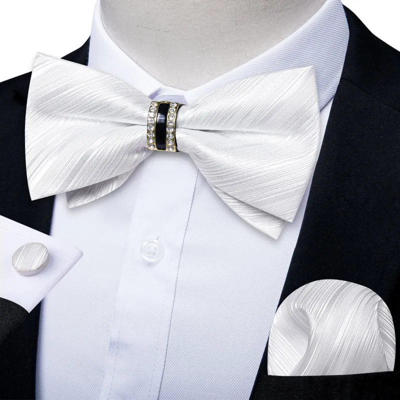 Ties2you Striped White Bowtie Pre-tied Ring Bow Tie Handkerchief Cufflinks Set for Men sold by Ties2You