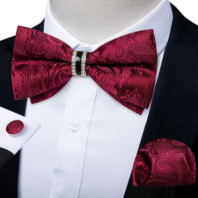 Ties2you Men's Burgundy Paisley Bow Tie Pre-tied Wedding Ring Bowtie Hanky Cufflinks Set sold by Ties2You
