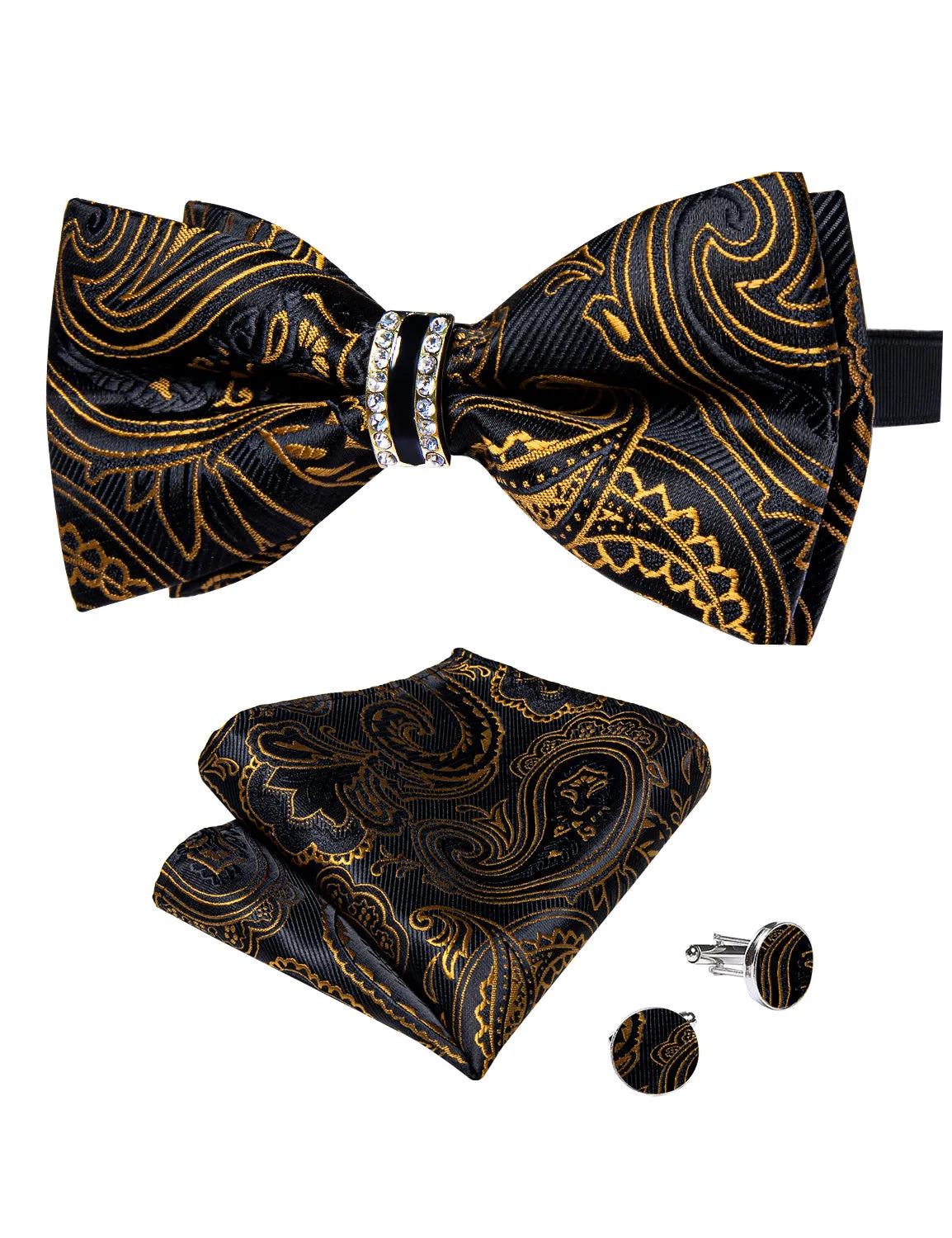 Ties2you Gold Floral Bowtie Black Pre-tied Tuxedo Bow Tie Ring Pocket Square Cufflinks Set sold by Ties2You product image thumbnail 3