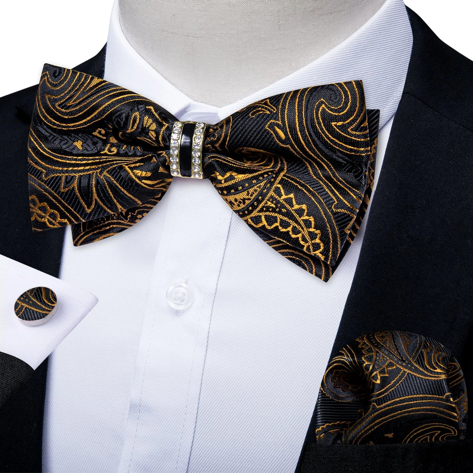 Ties2you Gold Floral Bowtie Black Pre-tied Tuxedo Bow Tie Ring Pocket Square Cufflinks Set sold by Ties2You