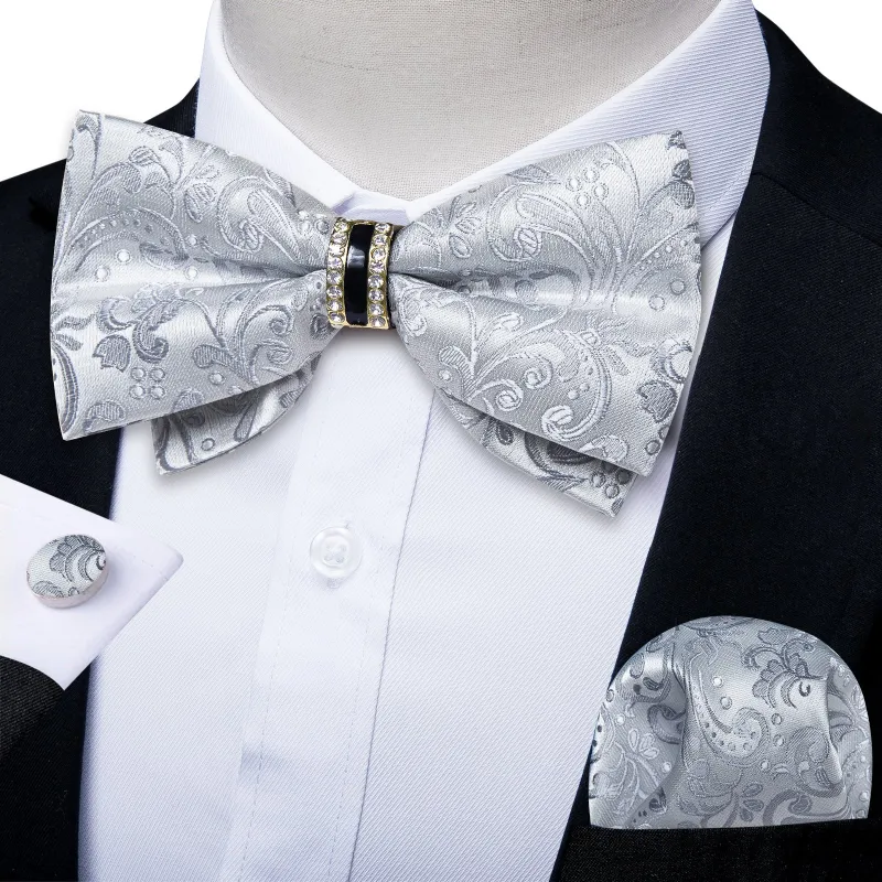 Ties2you Men's Silver Floral Wedding Tuxedo Bowtie Ring Bow Tie Hanky Cufflinks Set sold by Ties2You