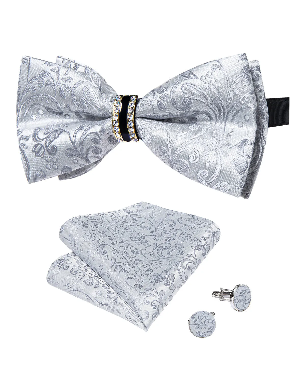 Ties2you Men's Silver Floral Wedding Tuxedo Bowtie Ring Bow Tie Hanky Cufflinks Set sold by Ties2You product image thumbnail 3