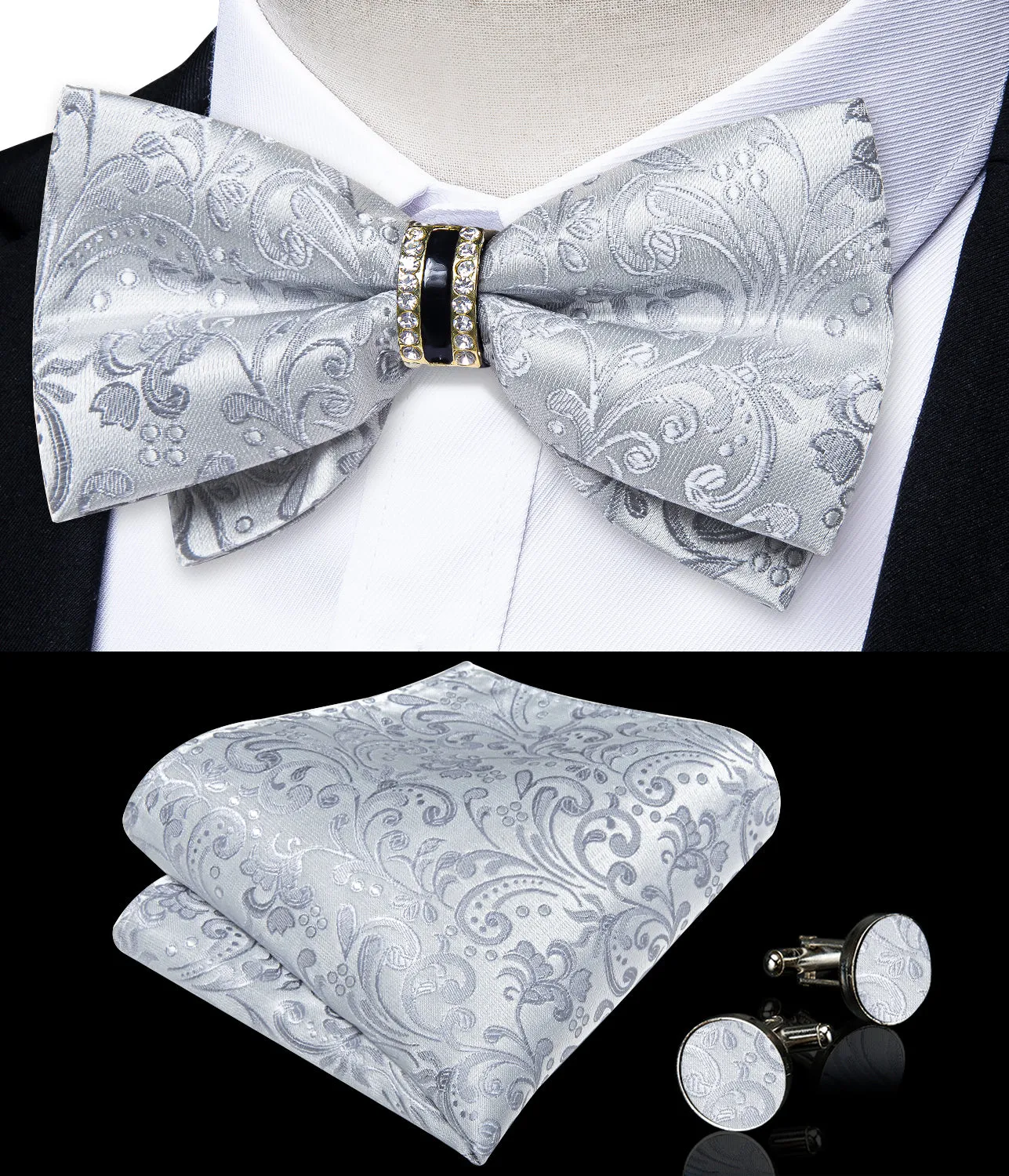Ties2you Men's Silver Floral Wedding Tuxedo Bowtie Ring Bow Tie Hanky Cufflinks Set sold by Ties2You product image thumbnail 2