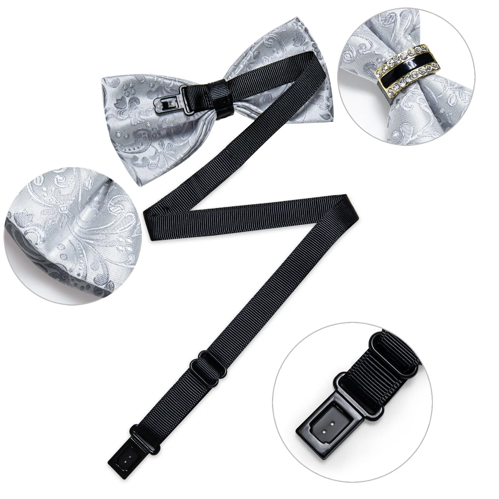 Ties2you Men's Silver Floral Wedding Tuxedo Bowtie Ring Bow Tie Hanky Cufflinks Set sold by Ties2You product image thumbnail 4