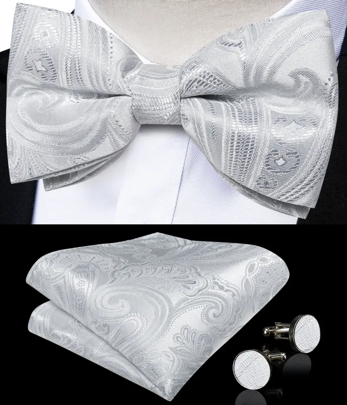 Ties2you Men's Silver Floral Bow Tie Pre-tied Formal Bowtie Pocket Square Cufflinks Set sold by Ties2You