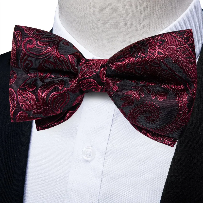 Ties2you Burgundy Paisley Bow Tie Pre-tied Black Formal Bowtie Pocket Square Cufflinks Set sold by Ties2You