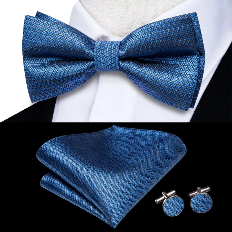 Ties2you Steel Blue Pre-tied Bowtie Business Geometric Bow Tie Handkerchief Cufflinks Set sold by Ties2You