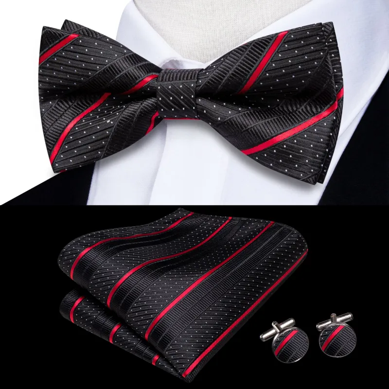 Ties2you Red Striped Pre-tied Bowtie Black Formal Bow Tie Pocket Square Cufflinks Set sold by Ties2You