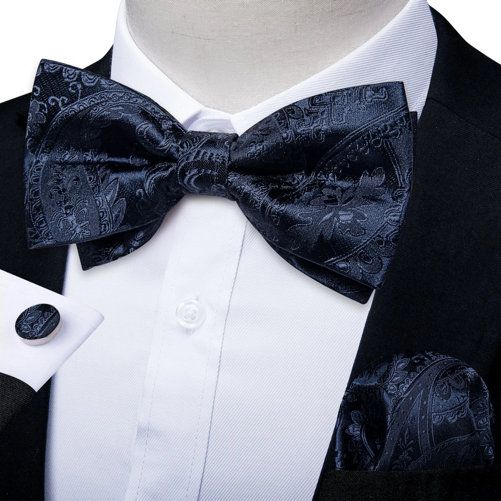 BlackBlue Paisley Men Pre-tied Bowtie Pocket Square Cufflinks Set sold by Ties2You