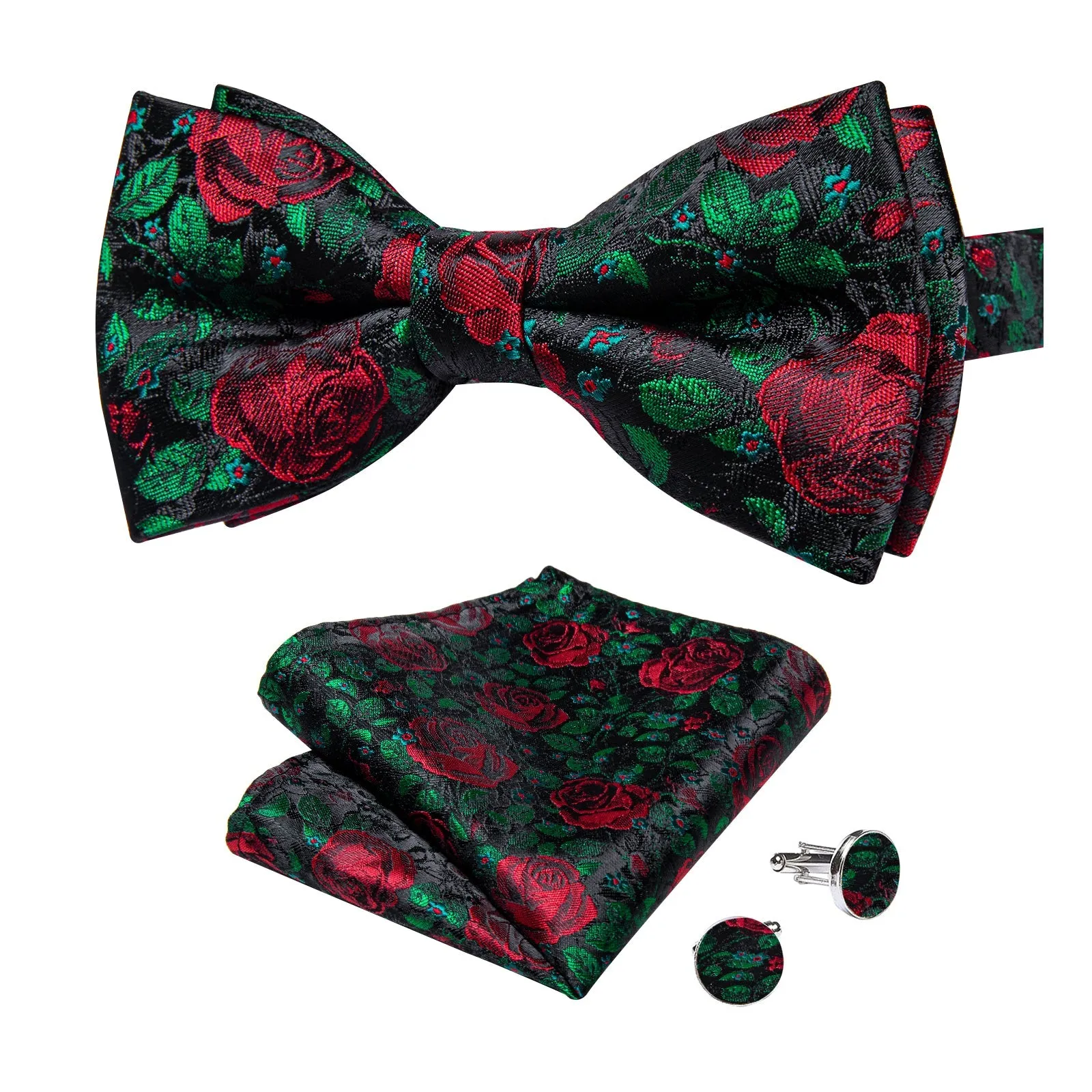 Ties2you Men's Floral Red Rose Bowtie Pre-tied Green Bow Tie Handkerchief Cufflinks Set sold by Ties2You product image thumbnail 4