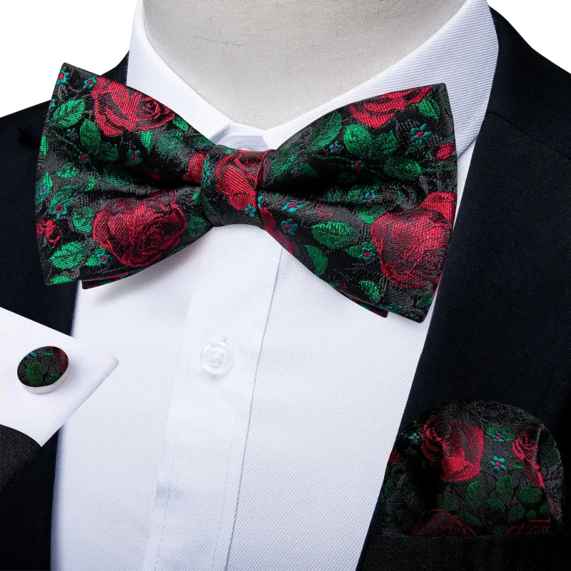 Ties2you Men's Floral Red Rose Bowtie Pre-tied Green Bow Tie Handkerchief Cufflinks Set sold by Ties2You