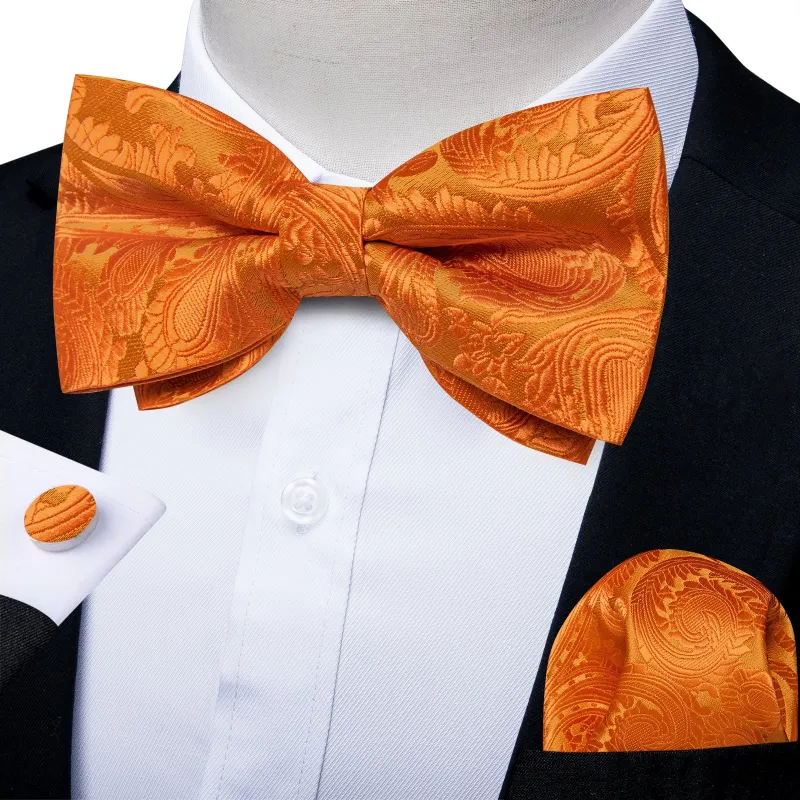 Ties2you Orange Paisley Tuxedo Bow Tie Pre-tied  Party Bowtie Handkerchief Cufflinks Set sold by Ties2You