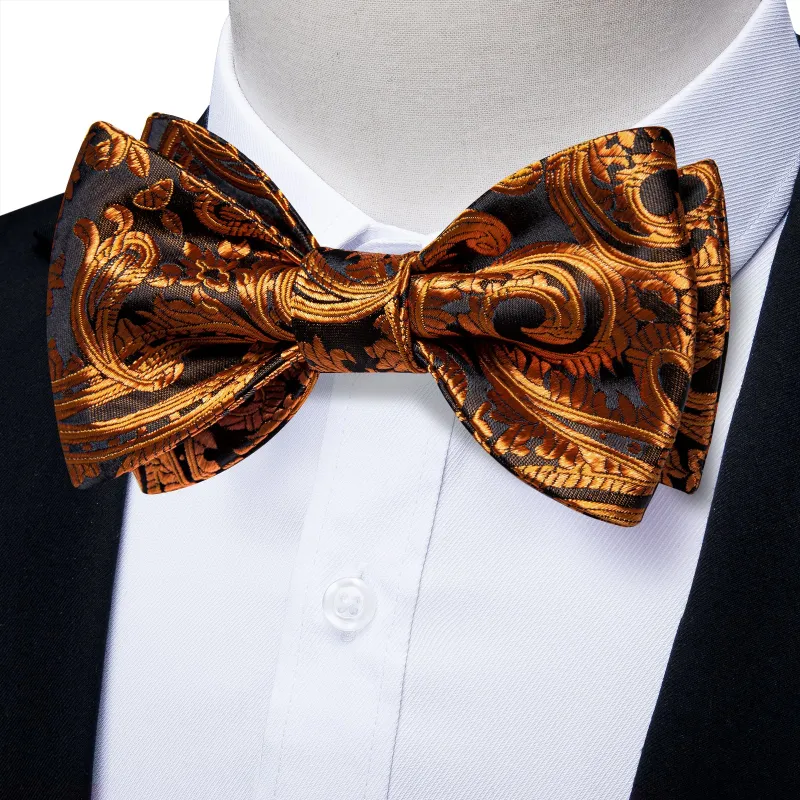 Ties2you Pumpkin Orange Paisley Bowtie Self-tie Black Formal Bowtie Hanky Cufflinks Set sold by Ties2You