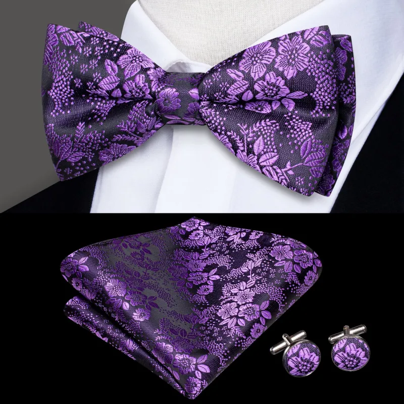 Ties2you Lavender Purple Floral Bow Tie Wedding Pre-tied Bowtie Handkerchief Cufflinks Set sold by Ties2You