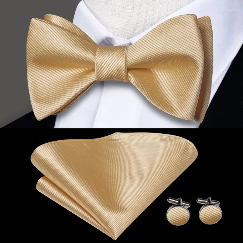 Ties2you Champagne Gold Self-tie Bow Tie Solid Tuxedo Bowtie Pocket Square Cufflinks Set sold by Ties2You