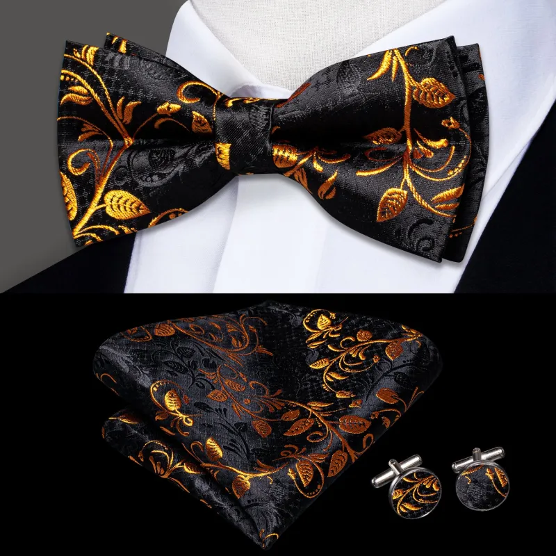 Ties2you Men's Gold Floral Bowtie Black Pre-tied Tuxedo Bow Tie Handkerchief Cufflinks Set sold by Ties2You