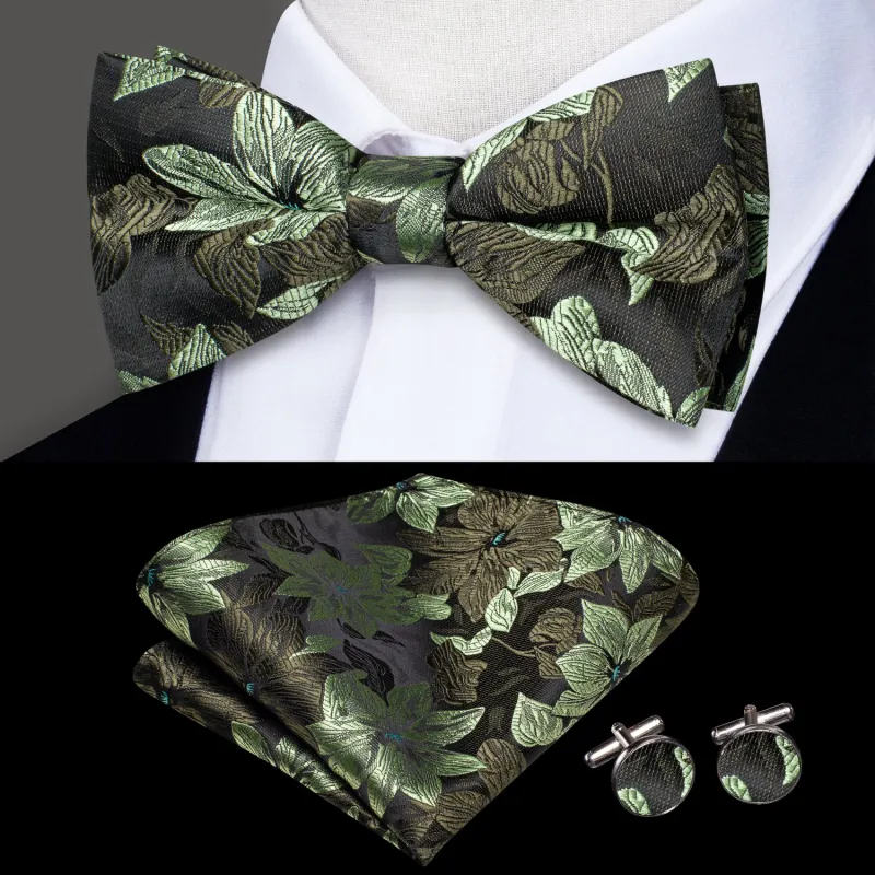 Ties2you Floral Olive Green Bow Tie Wedding Pre-tied Bowtie Handkerchief Cufflinks Set sold by Ties2You