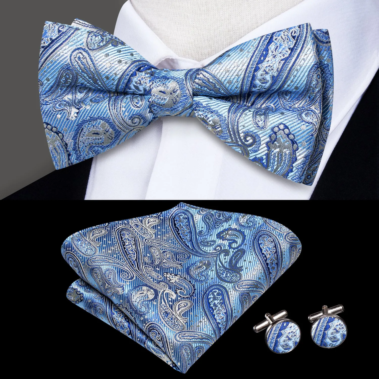Ties2you Paisley Sky Blue Bowtie Wedding Pre-tied Bow Tie Handkerchief Cufflinks Set sold by Ties2You