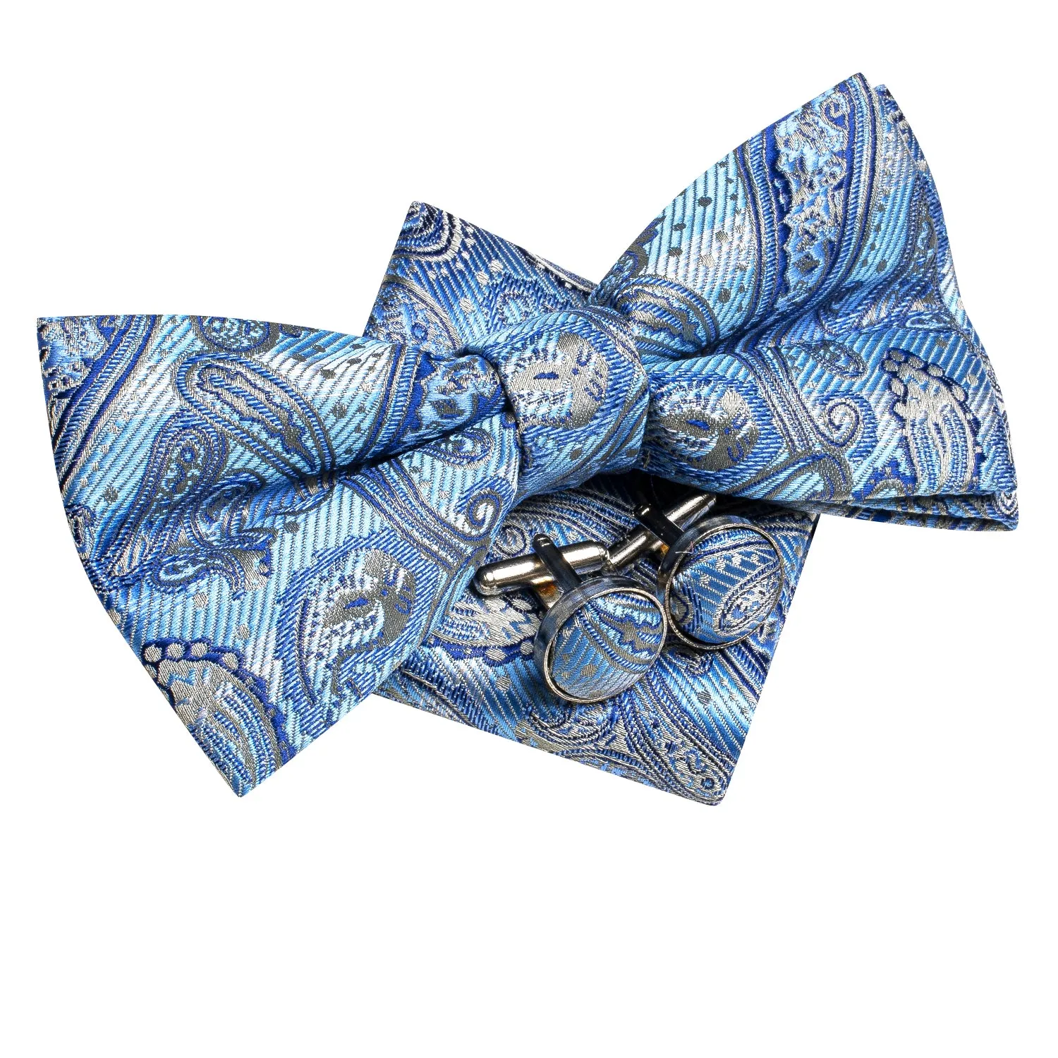 Ties2you Paisley Sky Blue Bowtie Wedding Pre-tied Bow Tie Handkerchief Cufflinks Set sold by Ties2You product image thumbnail 3