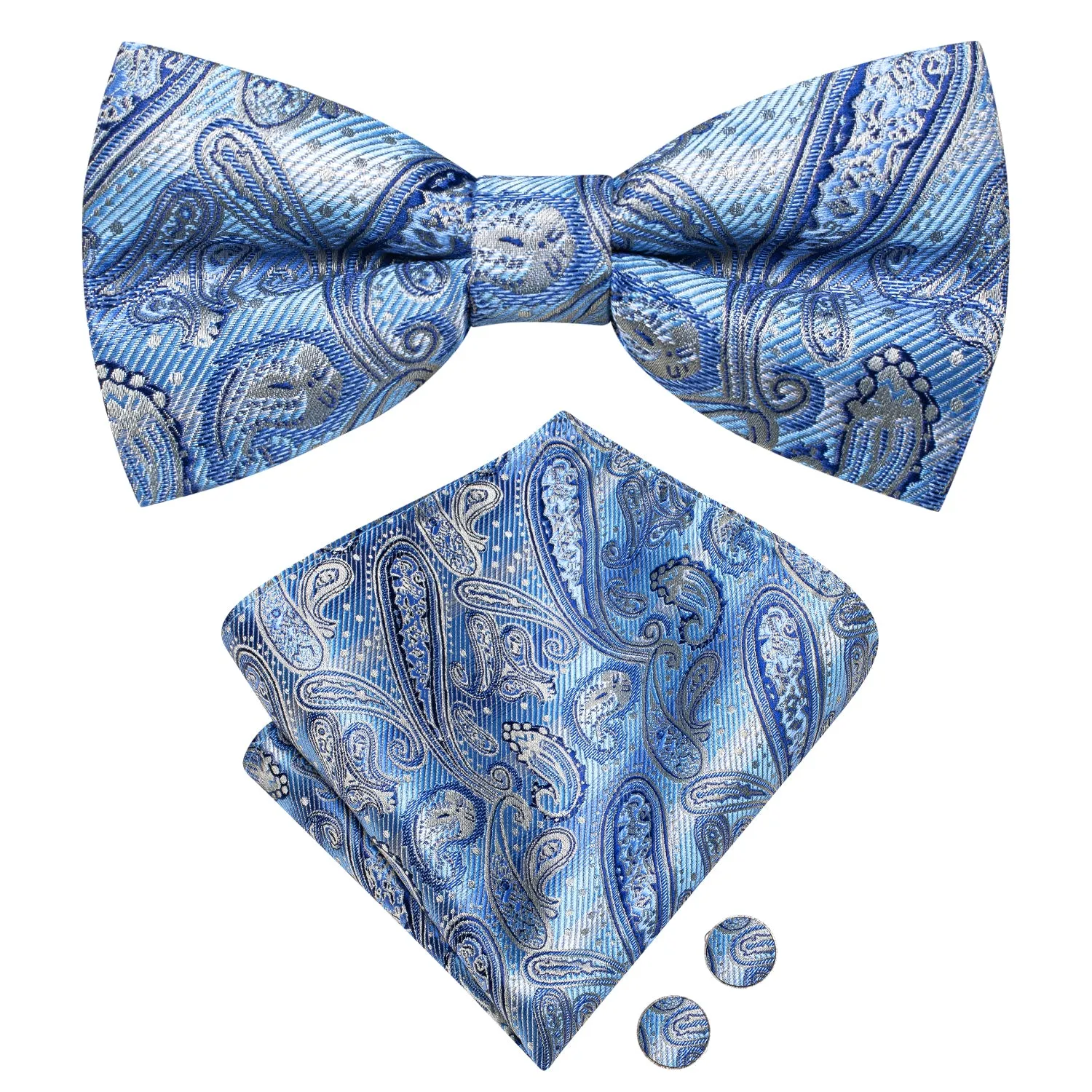 Ties2you Paisley Sky Blue Bowtie Wedding Pre-tied Bow Tie Handkerchief Cufflinks Set sold by Ties2You product image thumbnail 2
