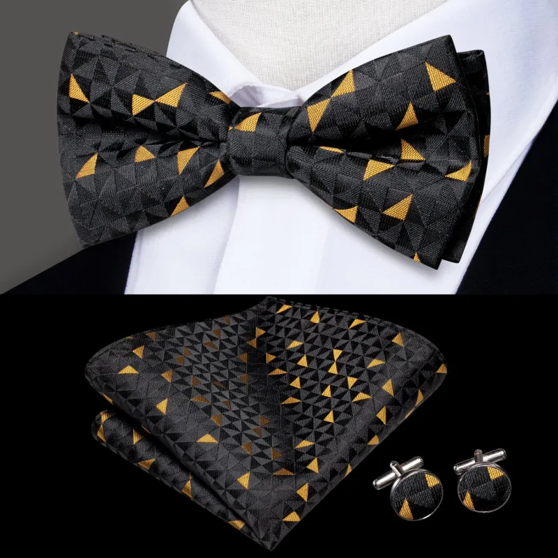 Ties2you Geometric Gold Pre-tied Bowtie Black Formal Bow Tie Pocket Square Cufflinks Set sold by Ties2You