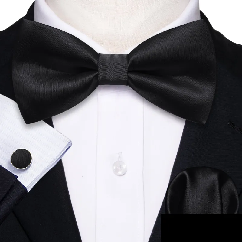 Ties2you Black Pre-tied Tuxedo Bow Tie Solid Formal Bowtie Handkerchief Cufflinks Set sold by Ties2You
