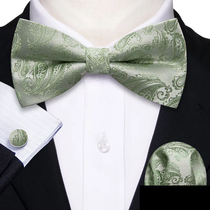 Ties2you Men's Paisley Sage Green Bowtie Pre-tied Bow Tie Handkerchief Cufflinks Set sold by Ties2You