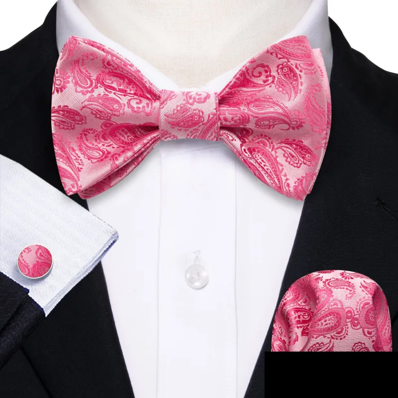 Ties2you Coral Pink Paisley Bowtie Self-tie Casual Bow Tie Handkerchief Cufflinks Set sold by Ties2You