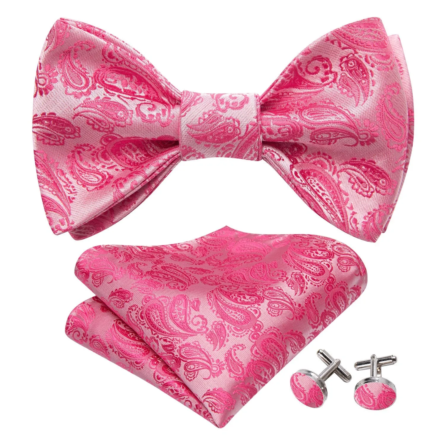 Ties2you Coral Pink Paisley Bowtie Self-tie Casual Bow Tie Handkerchief Cufflinks Set sold by Ties2You product image thumbnail 2