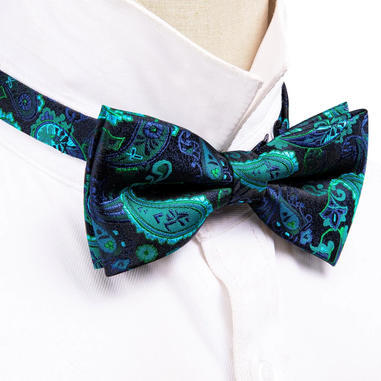 Ties2you Men's Teal Blue Paisley Bowtie Pre-tied Tuxedo Bow Tie Handkerchief Cufflinks Set sold by Ties2You product image thumbnail 5
