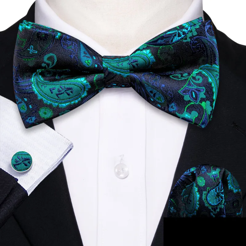 Ties2you Men's Teal Blue Paisley Bowtie Pre-tied Tuxedo Bow Tie Handkerchief Cufflinks Set sold by Ties2You