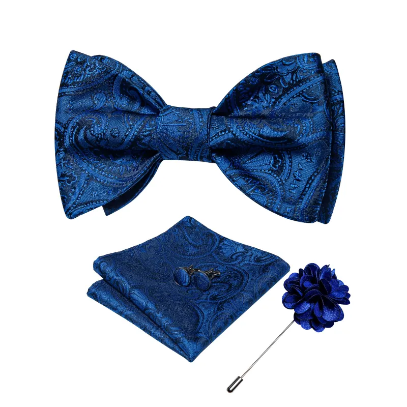 Ties2you Men's Paisley Classic Blue Self-tie Bow Tie Hanky Cufflinks Set with Lapel Pin sold by Ties2You