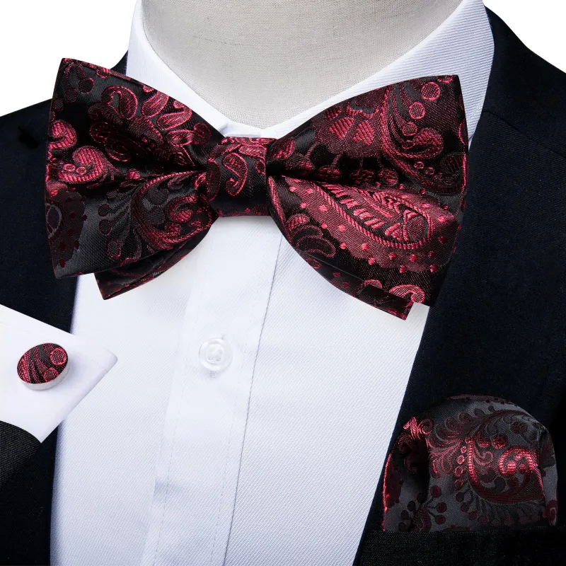 Ties2you Burgundy Paisley Bow Tie Pre-tied Black Wedding Bowtie Handkerchief Cufflinks Set sold by Ties2You