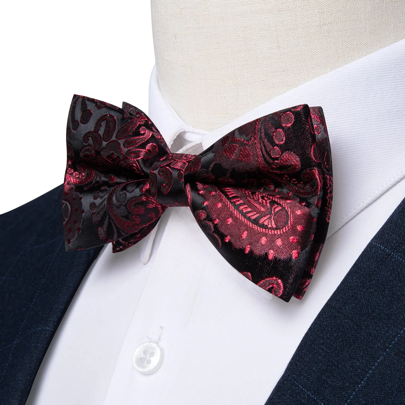 Ties2you Burgundy Paisley Bow Tie Pre-tied Black Wedding Bowtie Handkerchief Cufflinks Set sold by Ties2You product image thumbnail 3