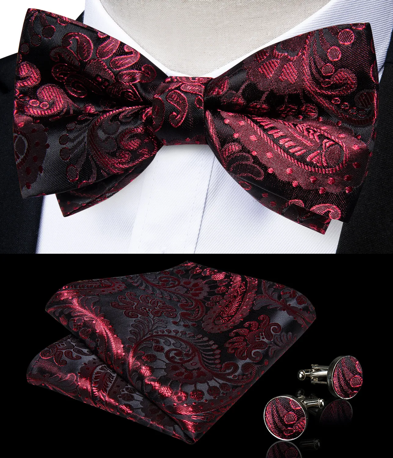 Ties2you Burgundy Paisley Bow Tie Pre-tied Black Wedding Bowtie Handkerchief Cufflinks Set sold by Ties2You product image thumbnail 2