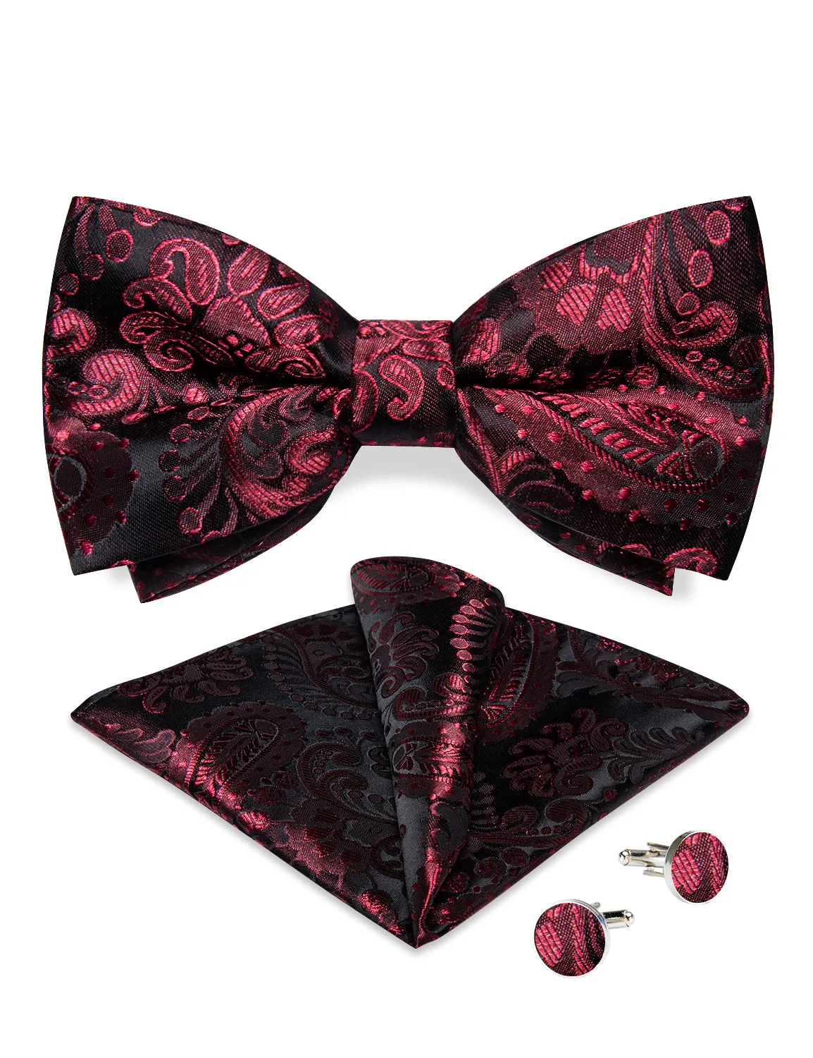 Ties2you Burgundy Paisley Bow Tie Pre-tied Black Wedding Bowtie Handkerchief Cufflinks Set sold by Ties2You product image thumbnail 5