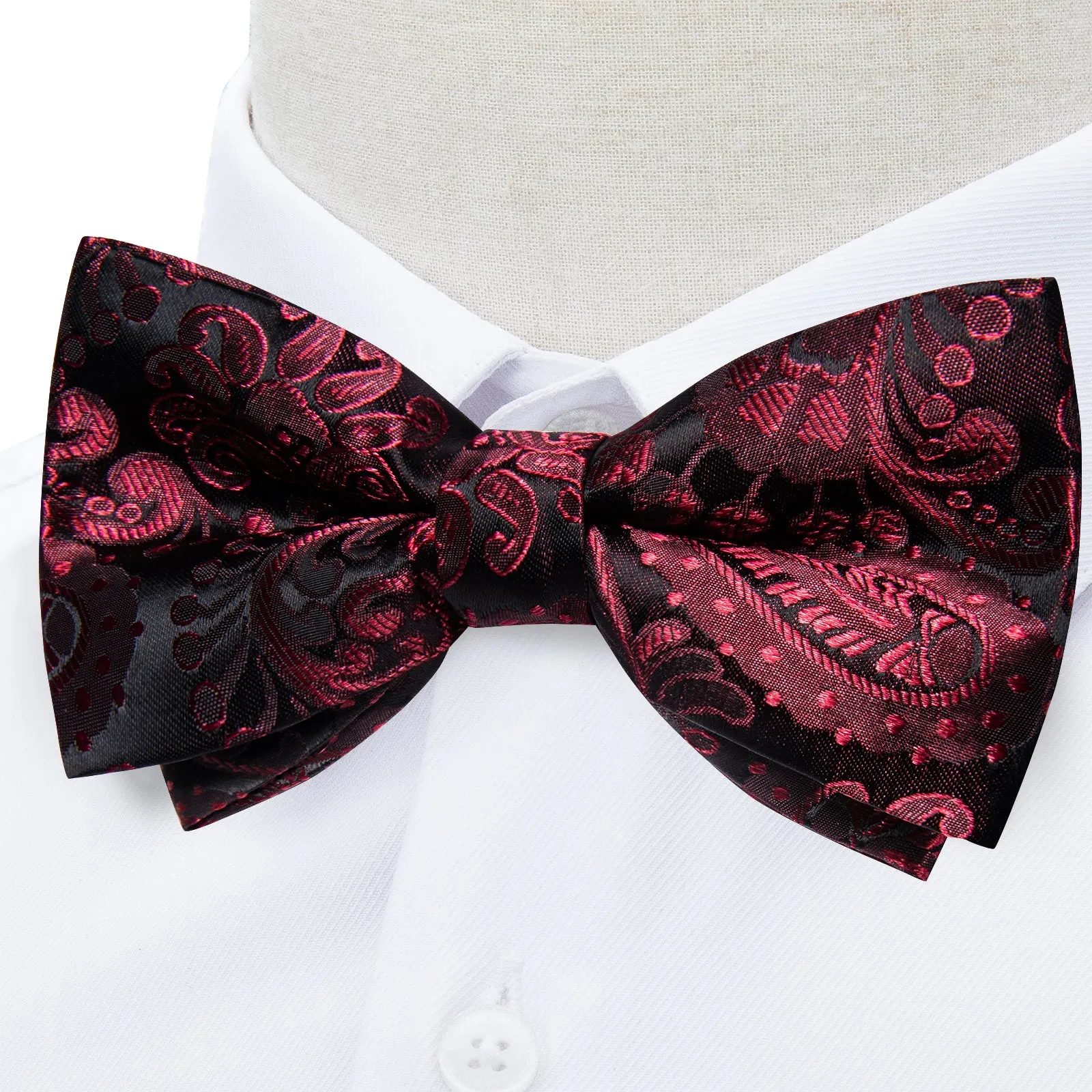 Ties2you Burgundy Paisley Bow Tie Pre-tied Black Wedding Bowtie Handkerchief Cufflinks Set sold by Ties2You product image thumbnail 4