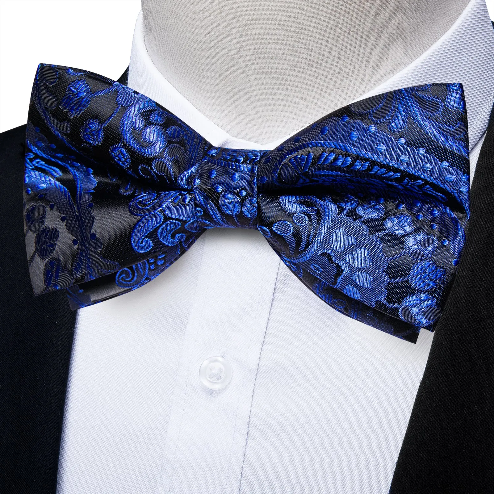 Ties2you Men's Paisley Royal Blue Bowtie Pre-tied Black Bow Tie Handkerchief Cufflinks Set sold by Ties2You product image thumbnail 5