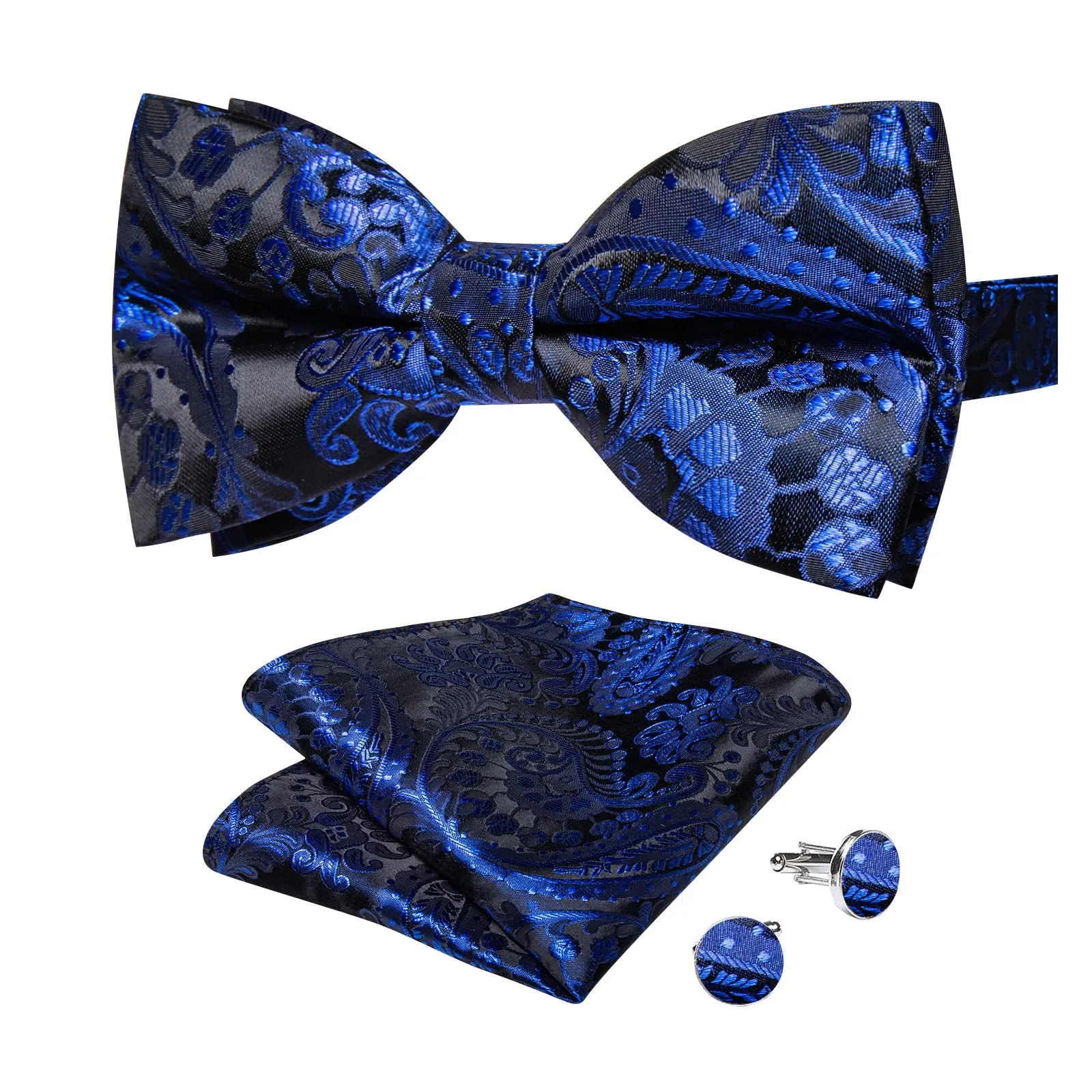 Ties2you Men's Paisley Royal Blue Bowtie Pre-tied Black Bow Tie Handkerchief Cufflinks Set sold by Ties2You product image thumbnail 3