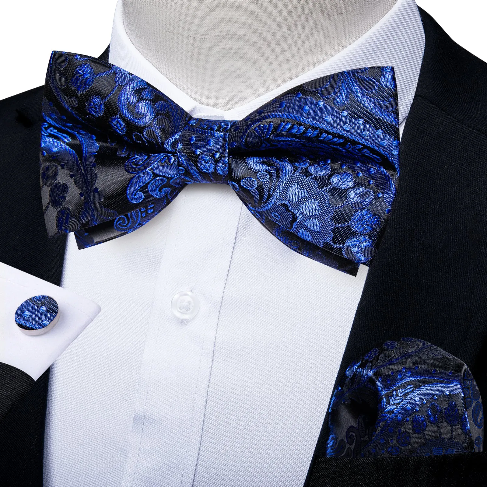 Ties2you Men's Paisley Royal Blue Bowtie Pre-tied Black Bow Tie Handkerchief Cufflinks Set sold by Ties2You