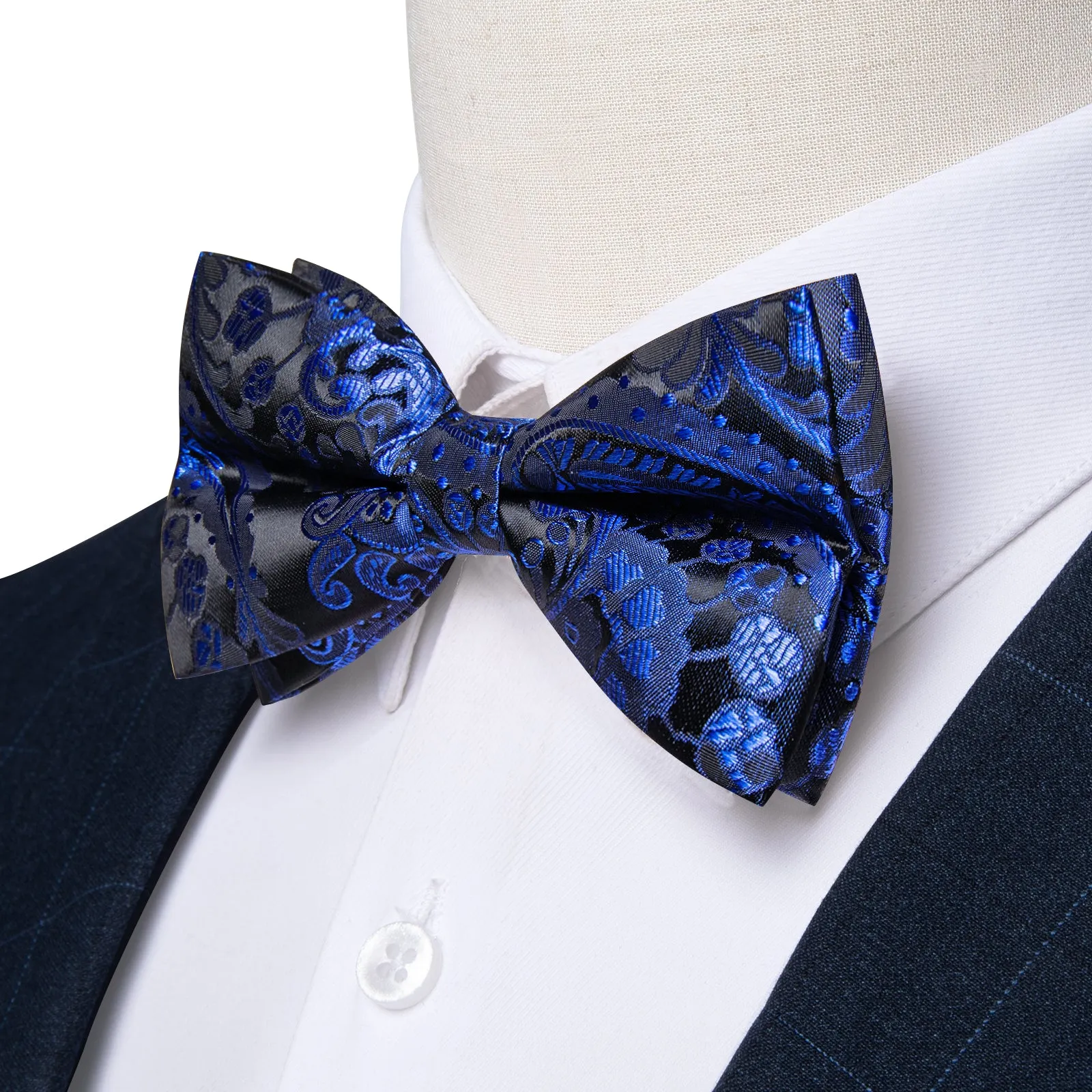 Ties2you Men's Paisley Royal Blue Bowtie Pre-tied Black Bow Tie Handkerchief Cufflinks Set sold by Ties2You product image thumbnail 4