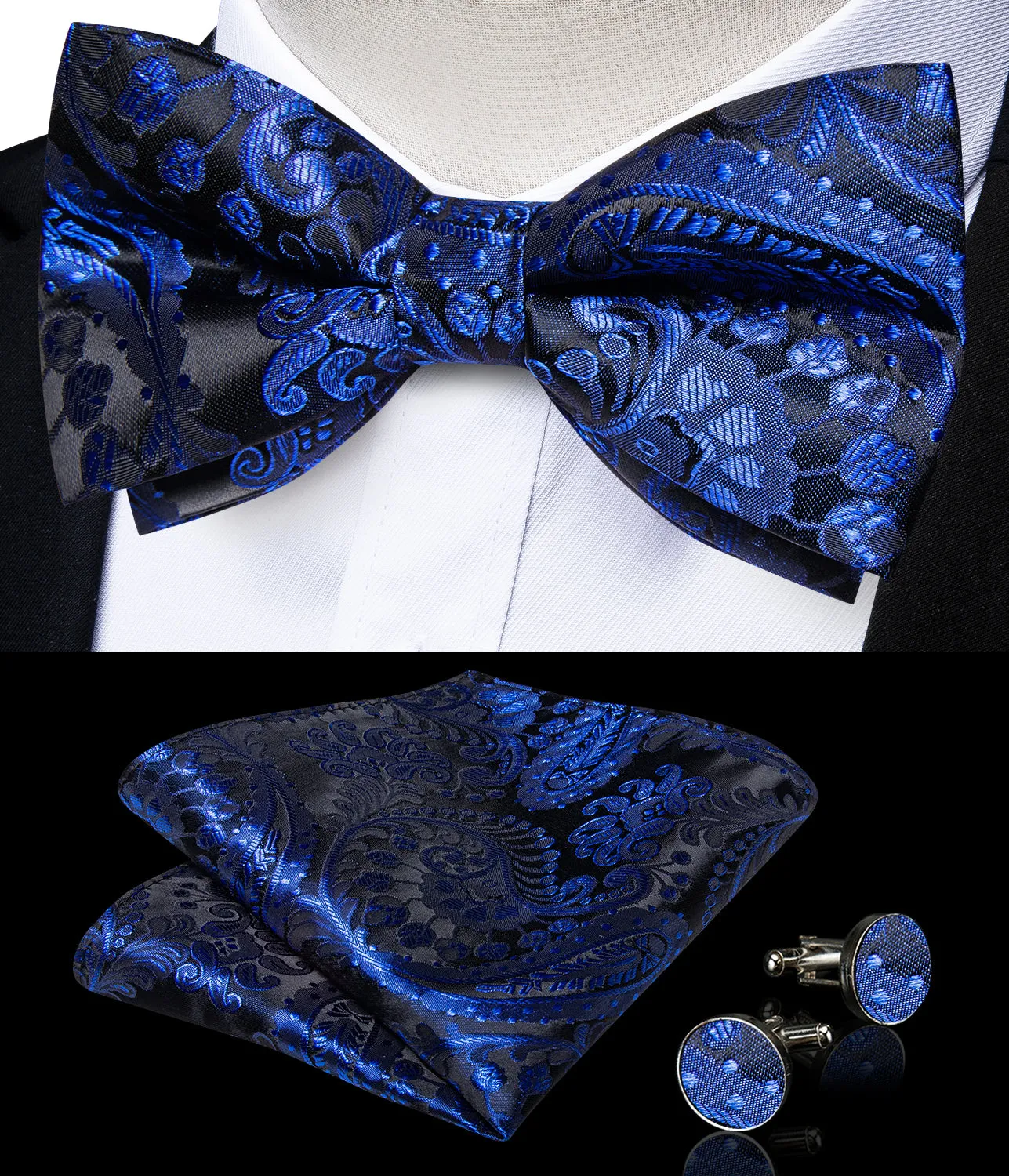 Ties2you Men's Paisley Royal Blue Bowtie Pre-tied Black Bow Tie Handkerchief Cufflinks Set sold by Ties2You product image thumbnail 2
